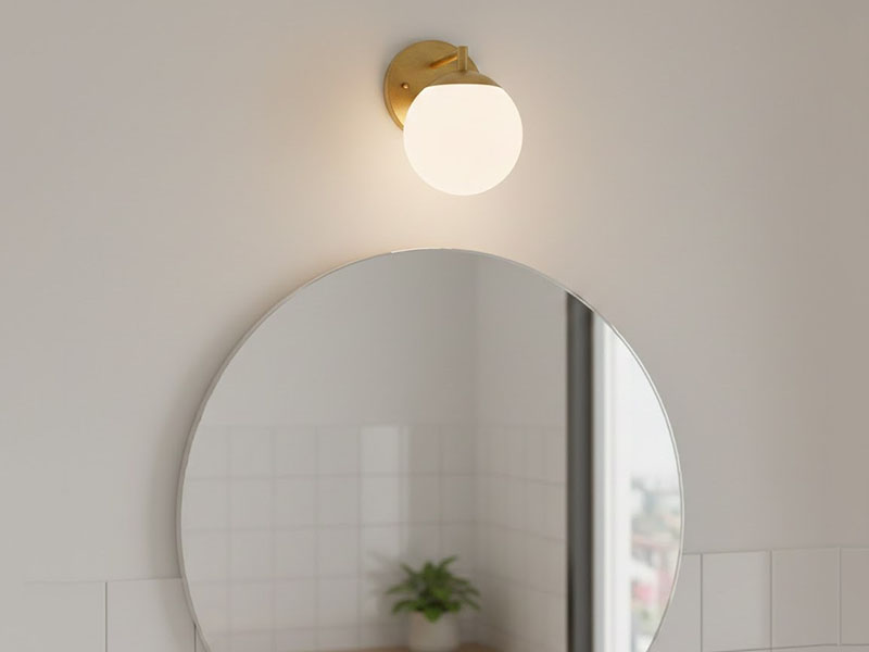 A Single Sconce Above The Bathroom Mirror