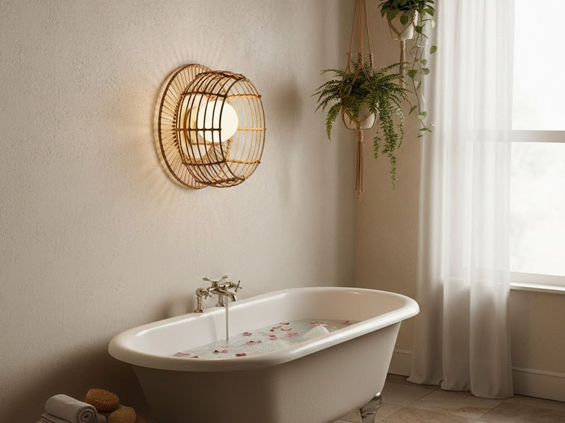 Natural Woven Wall Sconce For A Calm Bath Ambience