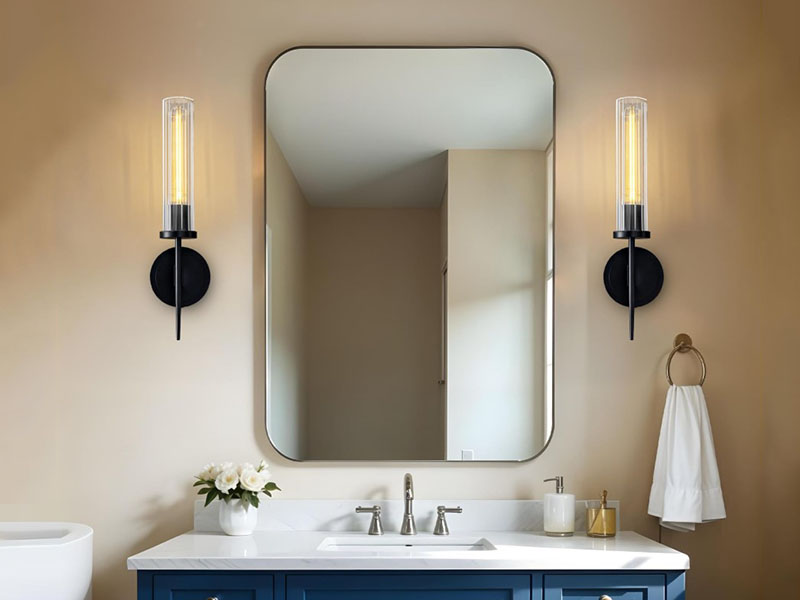 Two Matching Sconces On Both Sides Of The Mirror