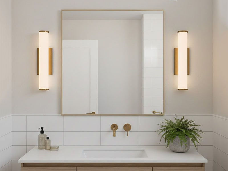 Vertical Sconces On Both Sides Of The Bathroom Mirror