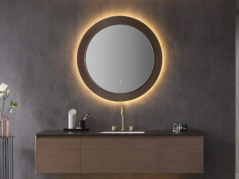Wooden Bathroom Mirrors With Warm Lighting