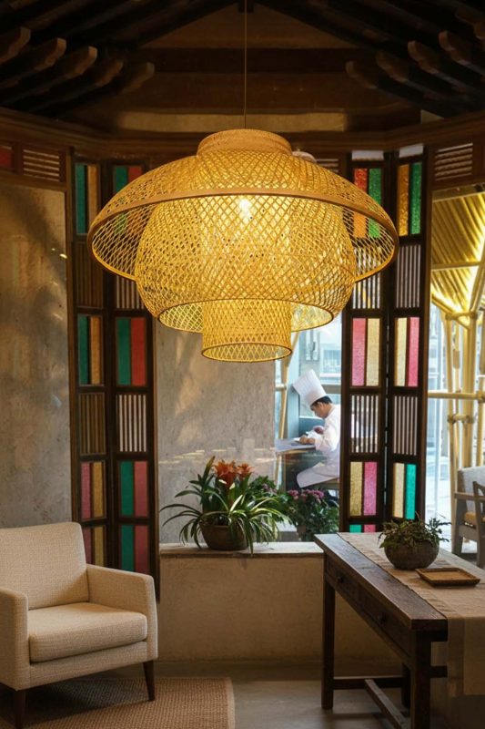 Artistic Dining Room Sculptural Woven Bamboo Pendant Light Colorful Window Interior