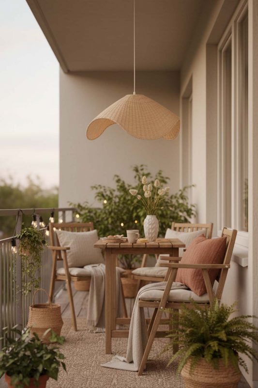 Balcony Beige Rattan Wave Pendant Light - Romantic Outdoor Corner