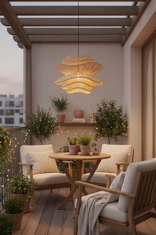 Balcony Beige Vietnamese Flower Rattan Chandelier - Warm Evening Glow