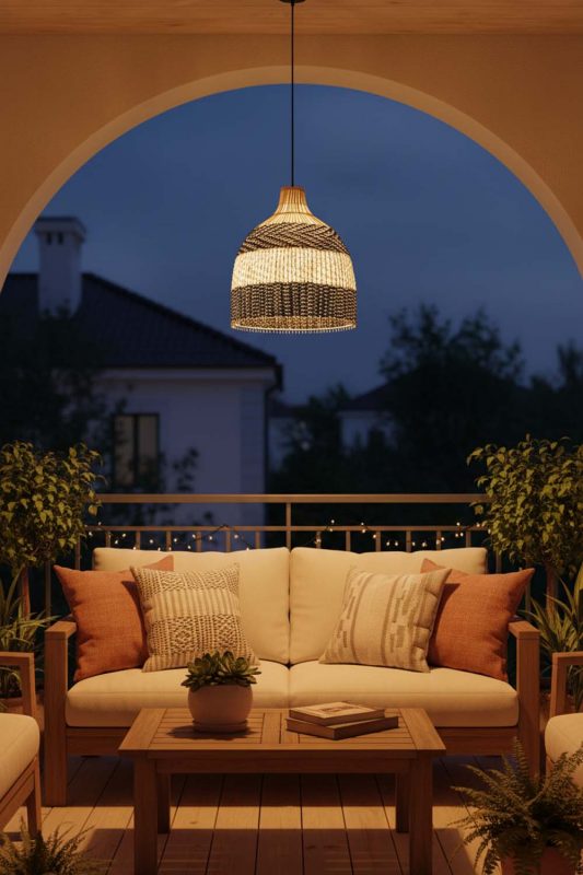 Balcony Black White Dome Rattan Pendant - Warm Evening Glow