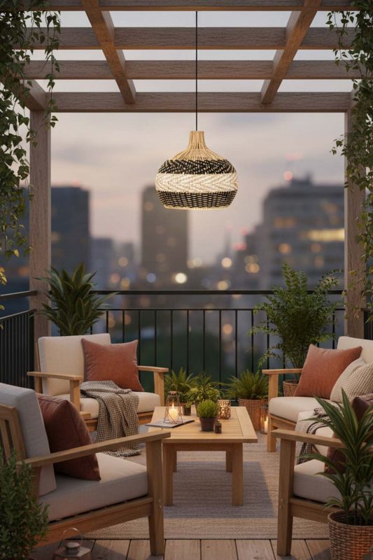 Balcony Black White Rattan Pendant Light - Romantic Outdoor Corner