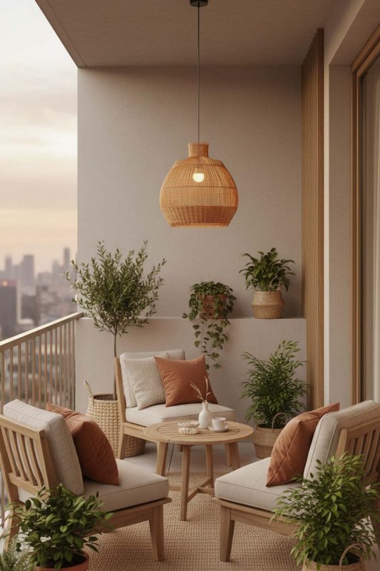 Balcony Bottom Brown Rattan Pendant - Warm Evening Glow