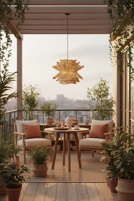 Balcony Brown Vietnamese Flower Rattan Chandelier - Romantic Outdoor Corner