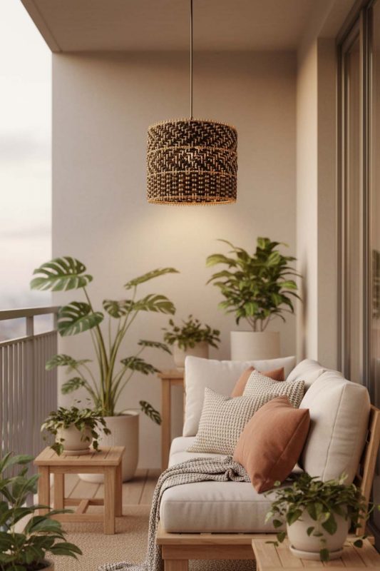 Balcony Dark Rattan Drum Pendant Light - Romantic Outdoor Corner