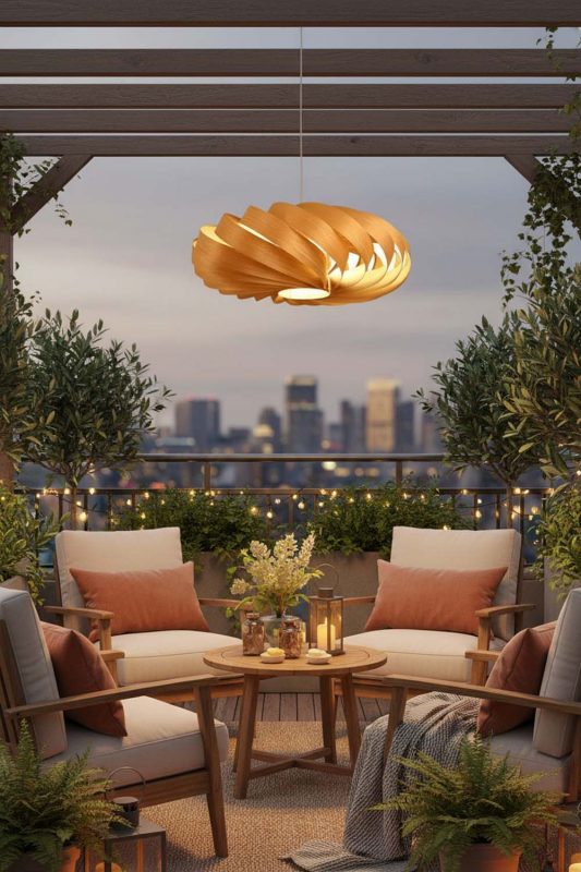 Balcony Round Spiral Wood Pendant - Warm Evening Glow
