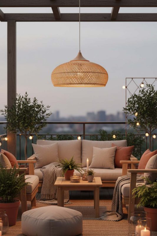 Balcony Vintage Wood Rattan Pendant Light C - Warm Evening Glow