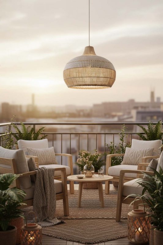 Balcony White Wicker Pendant Light - Romantic Outdoor Corner