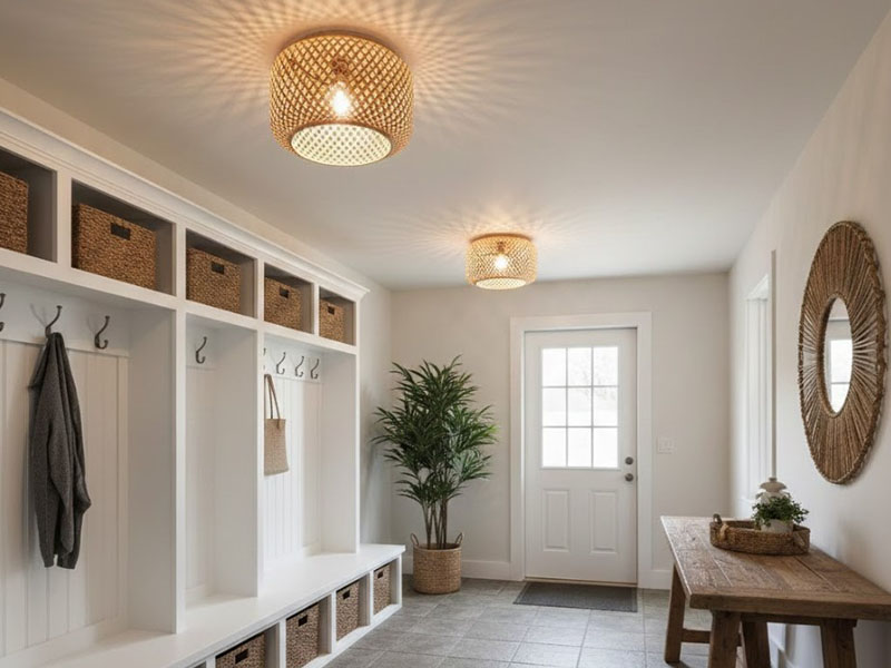 Bamboo Flush Mount Lights In Mudroom