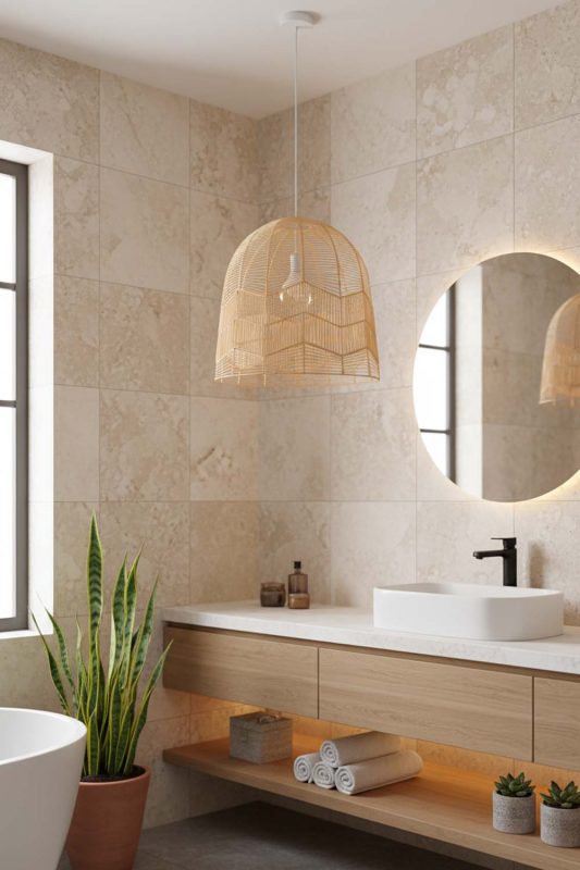 Bathroom Beige Rattan Birdcage Pendant Light - Bright & Elegant
