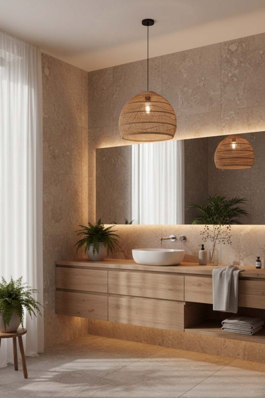 Bathroom Beige Rattan Cage Pendant Light - Calm & Luxurious