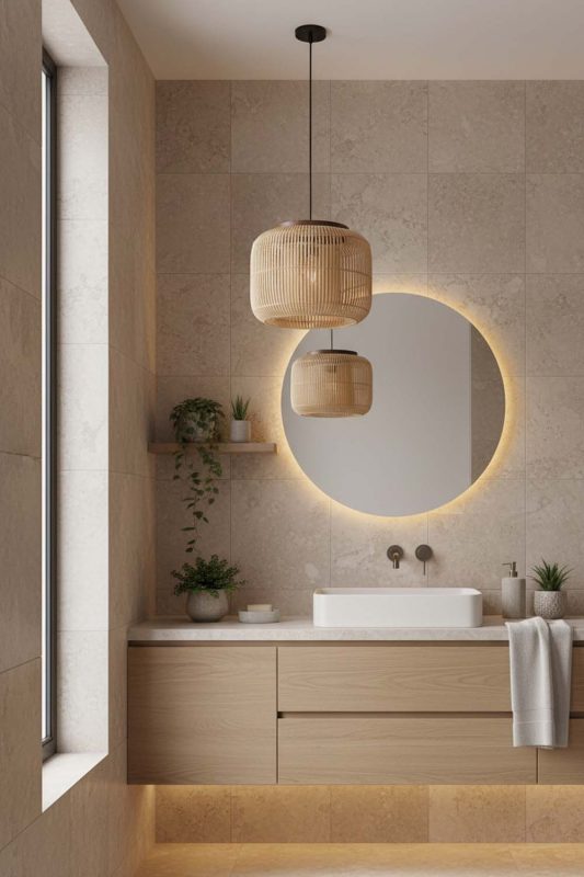 Bathroom Beige Rattan Capsule Pendant Light - Spa-like Ambience