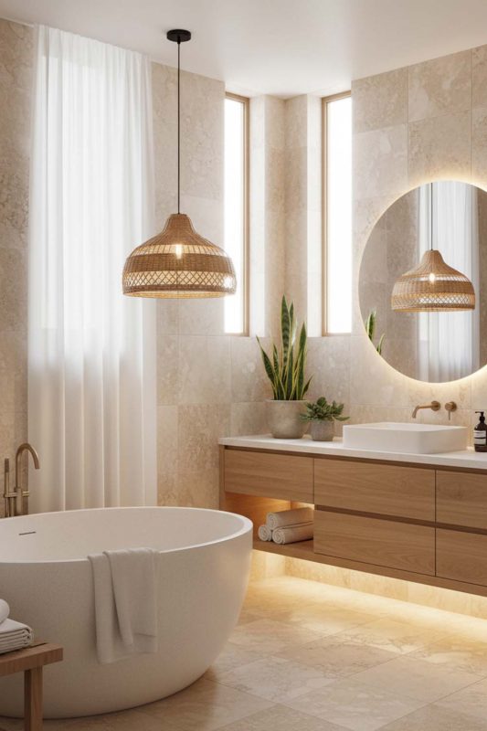 Bathroom Beige Rattan Radiant Pendant Lights - Spa-like Ambience