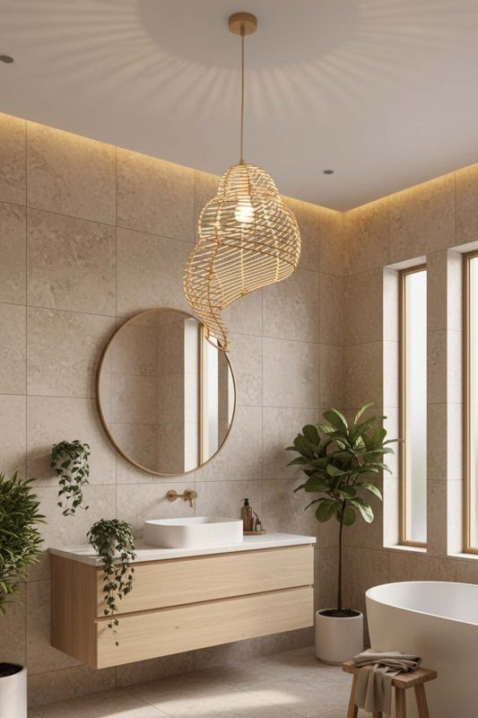 Bathroom Beige Rattan Spiral Pendant Light - Clean & Refreshing