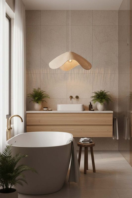 Bathroom Beige Rattan Wave Pendant Light - Minimal & Modern
