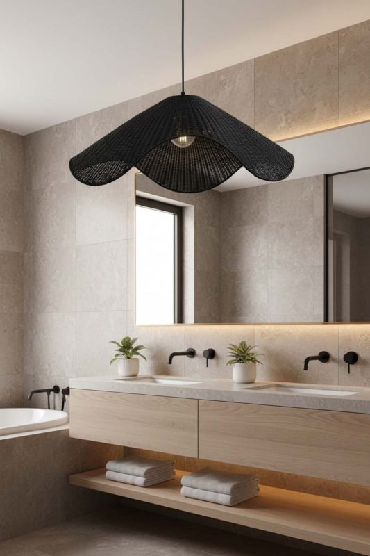 Bathroom Black Rattan Wave Pendant Light - Bright & Elegant