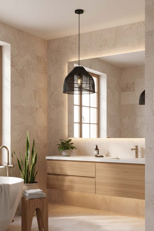 Bathroom Black Rattan Wide Dome Fixture - Spa-like Ambience