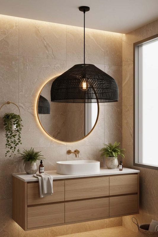 Bathroom Black Rattan Wide Dome Pendant Light - Spa-like Ambience