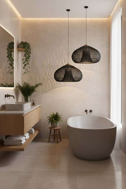 Bathroom Black Vintage Wood Rattan Pendant Light - Bright & Elegant