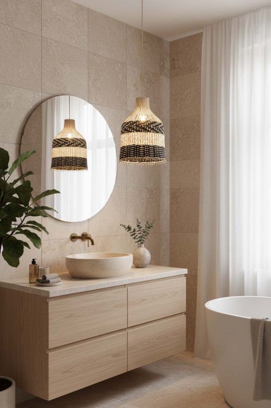Bathroom Black White Dome Rattan Pendant - Calm & Luxurious