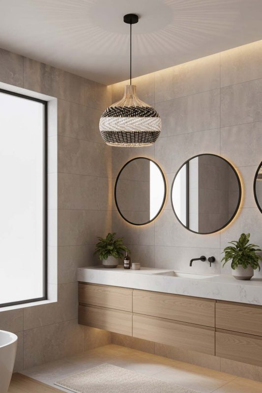 Bathroom Black White Rattan Pendant Light - Minimal & Modern