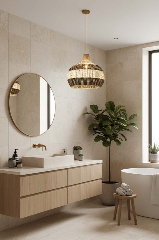 Bathroom Black White Round Rattan Pendant - Clean & Refreshing