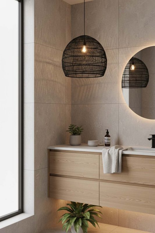 Bathroom Black Wicker Basket Pendant Light - Spa-like Ambience