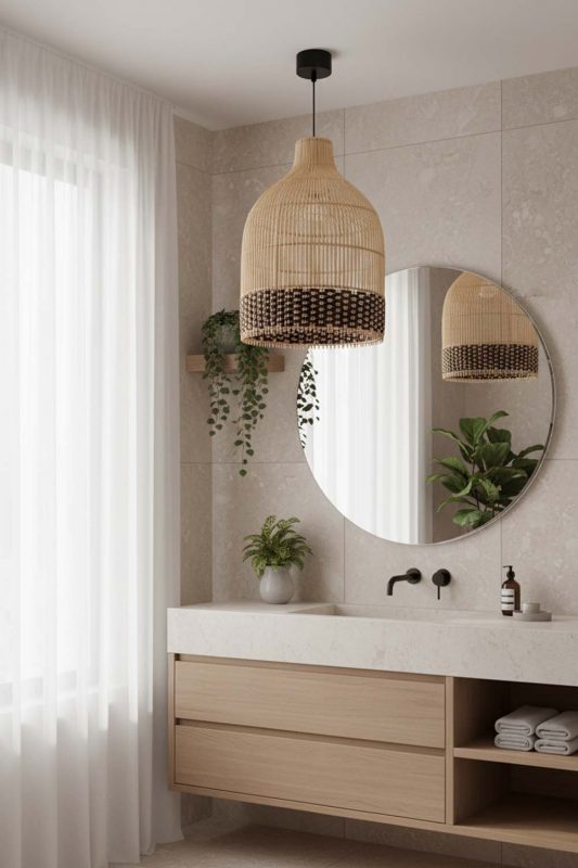 Bathroom Bottom Dark Brown Wicker Bell Pendant Light - Bright & Elegant