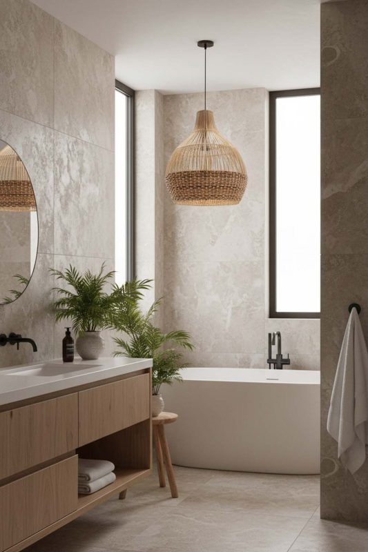 Bathroom Bottom Tan Brown Rattan Pendant Light - Spa-like Ambience