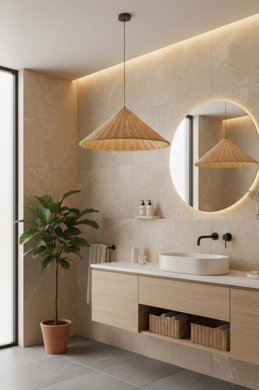 Bathroom Brown Rattan Cone Pendant Light - Calm & Luxurious