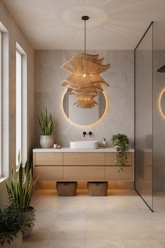 Bathroom Brown Vietnamese Flower Rattan Chandelier - Minimal & Modern