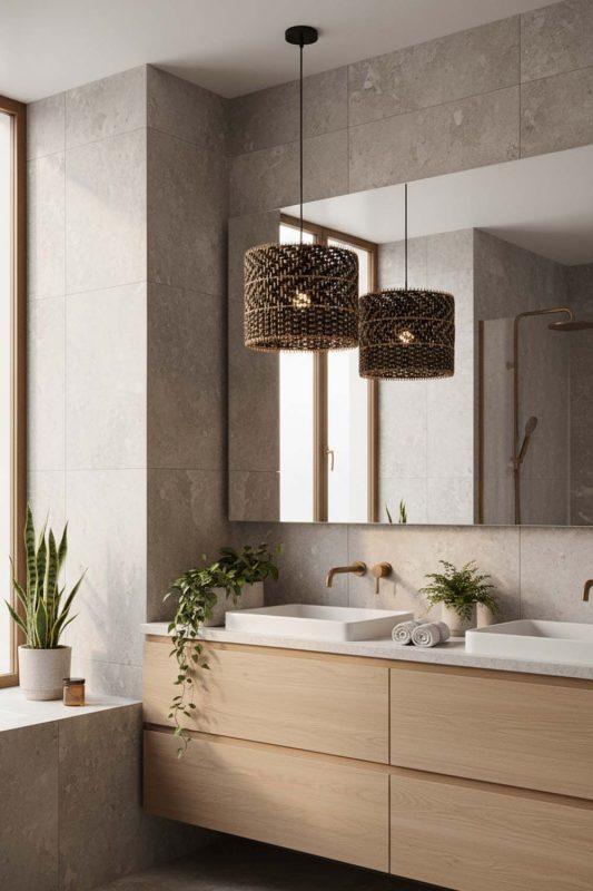 Bathroom Dark Rattan Drum Pendant Light - Minimal & Modern