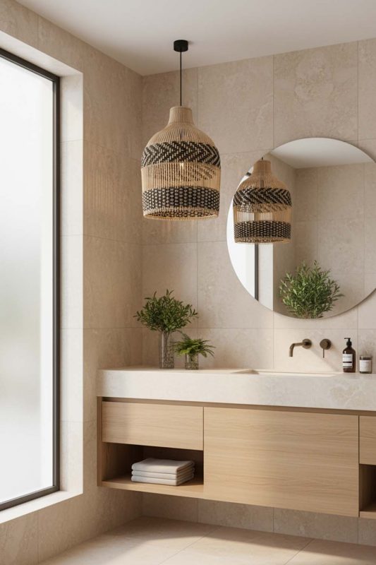 Bathroom Double Band Wicker Bell Pendant Light - Minimal & Modern