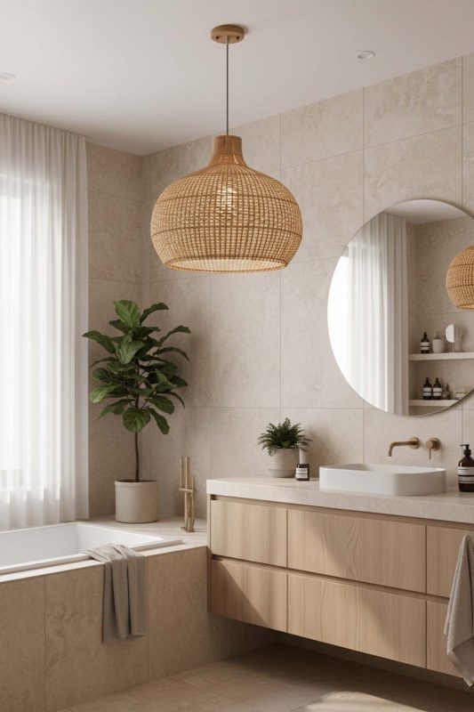 Bathroom Full White Rattan Pendant Light - Minimal & Modern