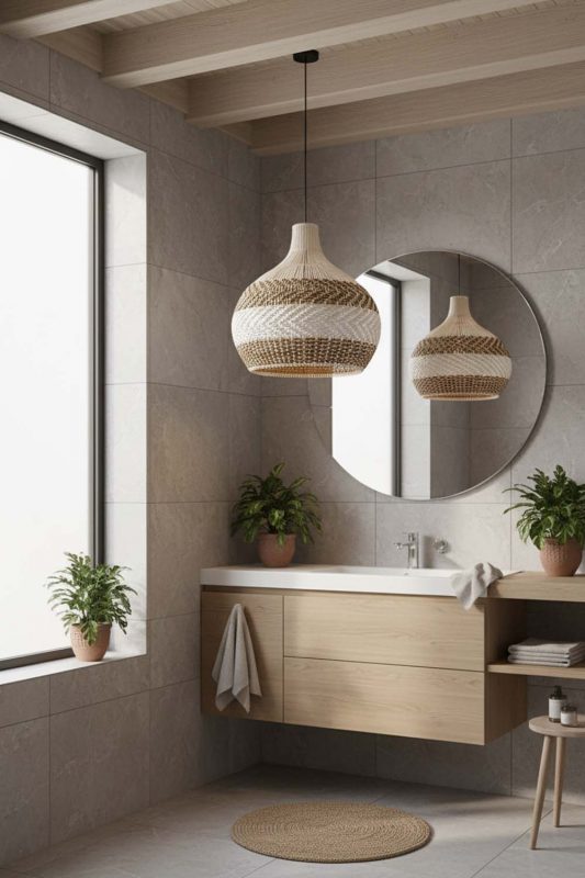 Bathroom Light Brown White Rattan Pendant Light - Spa-like Ambience