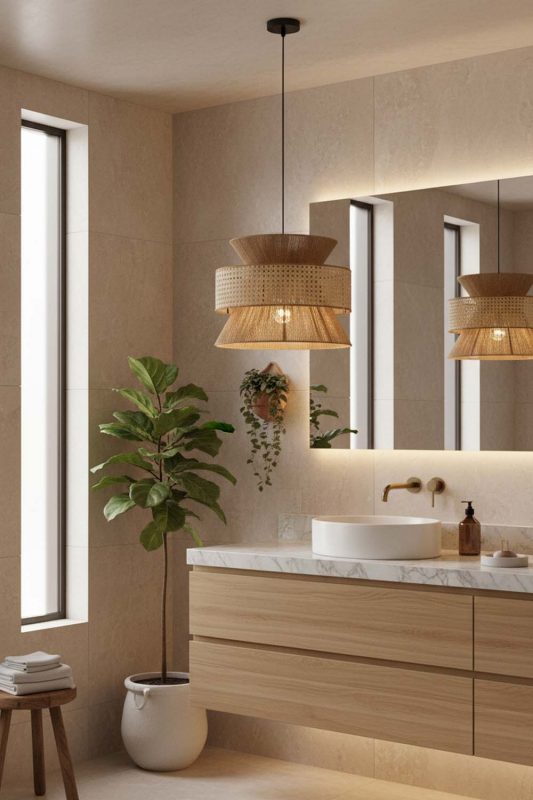 Bathroom Natural Bamboo Silk Pendant Light - Bright & Elegant