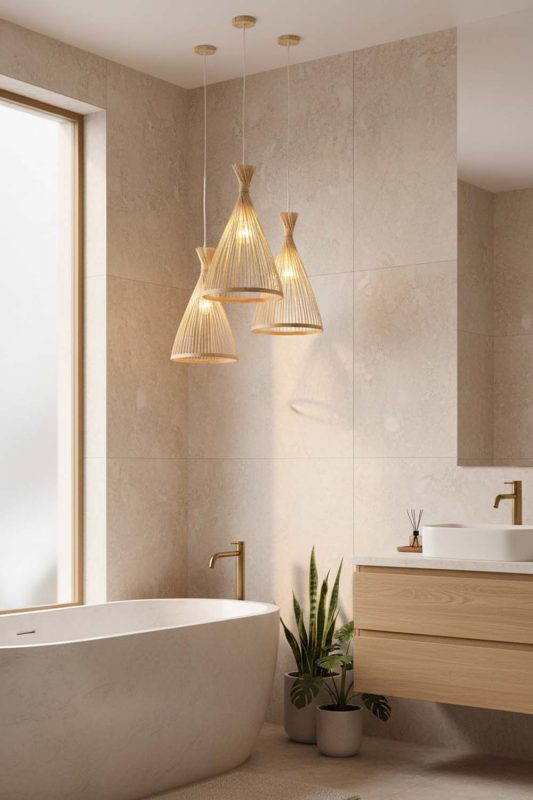 Bathroom Natural Bamboo Tapered Pendant Light - Minimal & Modern