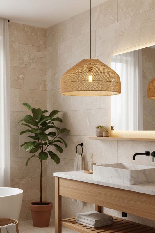 Bathroom Natural Rattan Wide Dome Pendant Light - Bright & Elegant