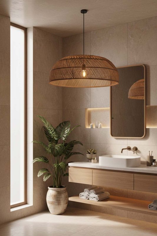 Bathroom Rattan Large Dome Pendant Light - Minimal & Modern