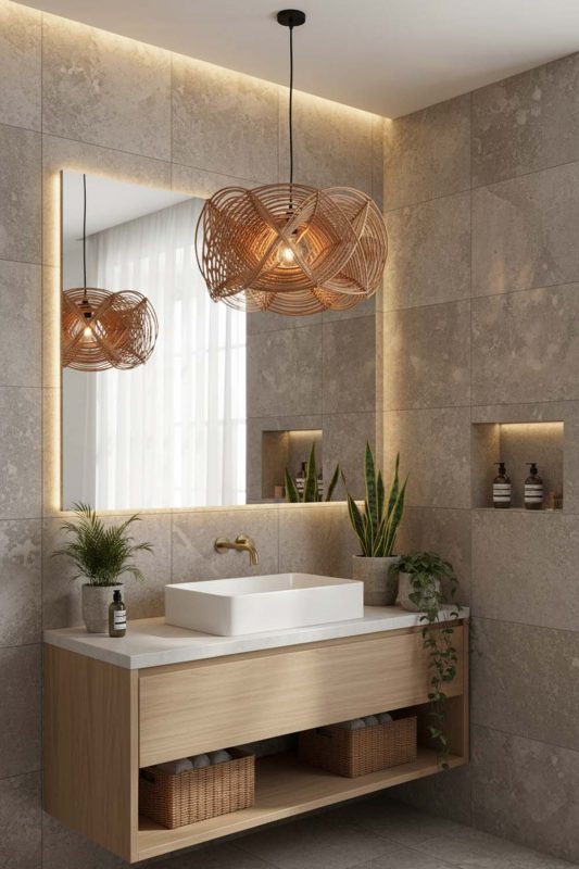 Bathroom Rattan Linear Pendant Light - Spa-like Ambience
