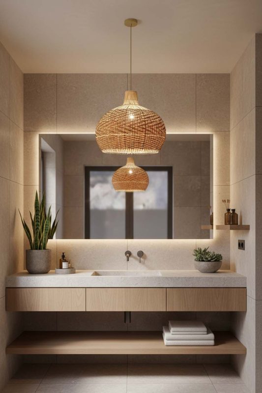 Bathroom Red Orange Rattan Pendant Light - Bright & Elegant
