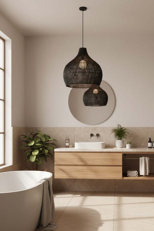 Bathroom Simple Black Rattan Pendant Light - Spa-like Ambience