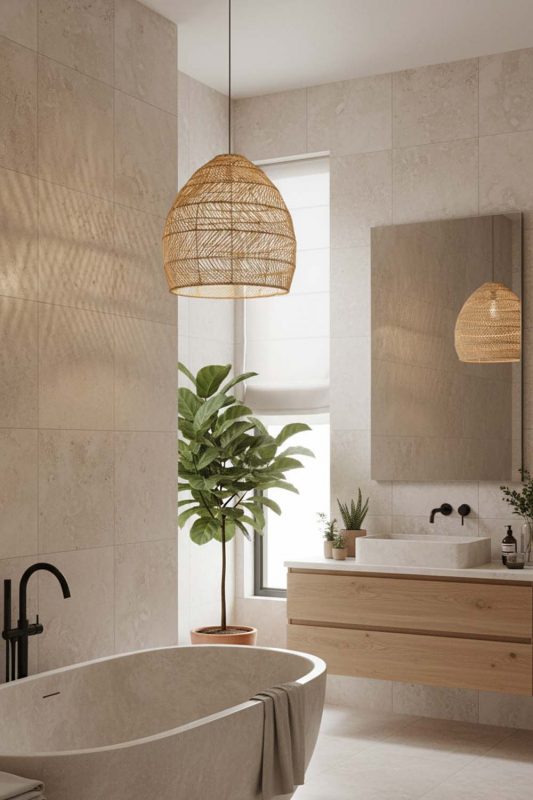 Bathroom Wicker Basket Pendant Light Beige Color - Bright & Elegant