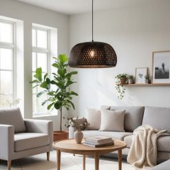 Black Bamboo Basket Pendant Light In Morden Living Room