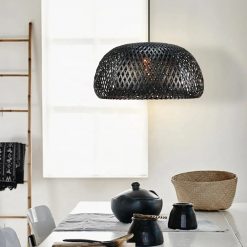 Black Bamboo Basket Pendant Light Over Dining Table
