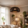 Black Bamboo Basket Pendant Light Warm Bulb